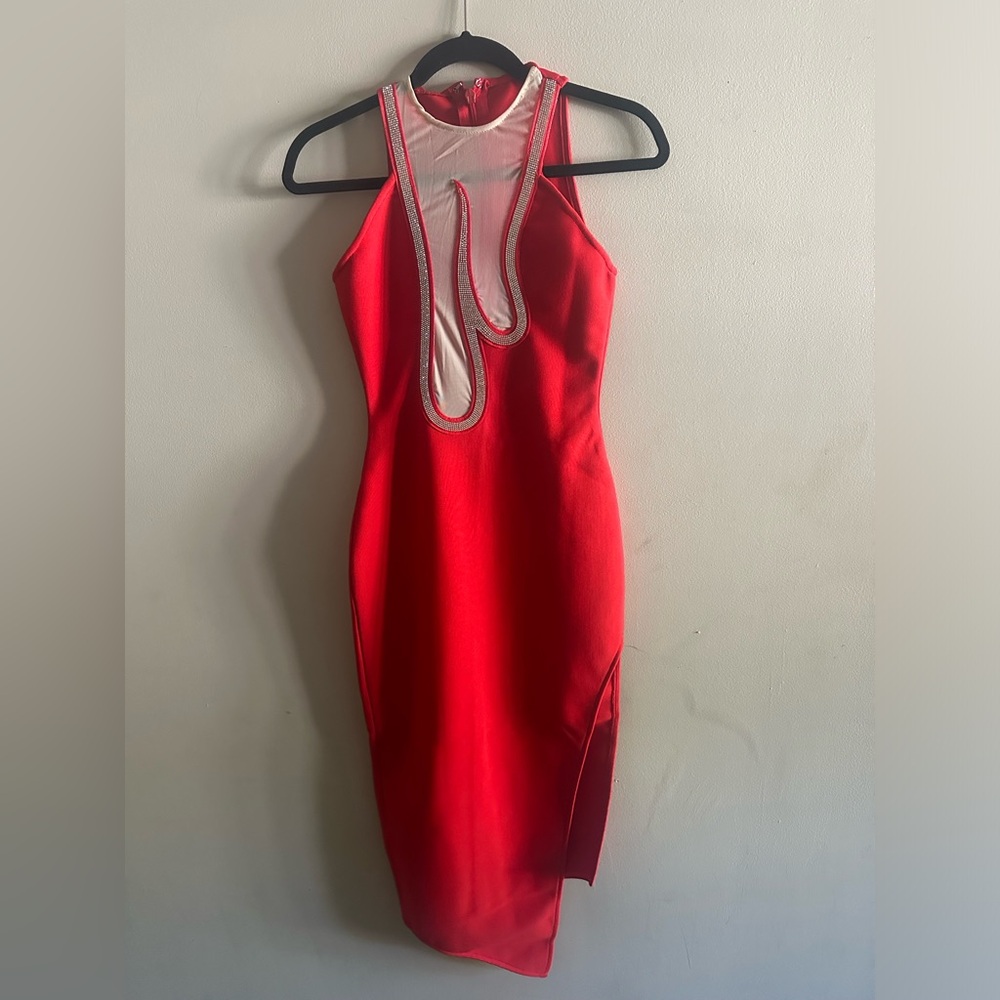 Red Midi Bodycon Dress with Mesh Detail
